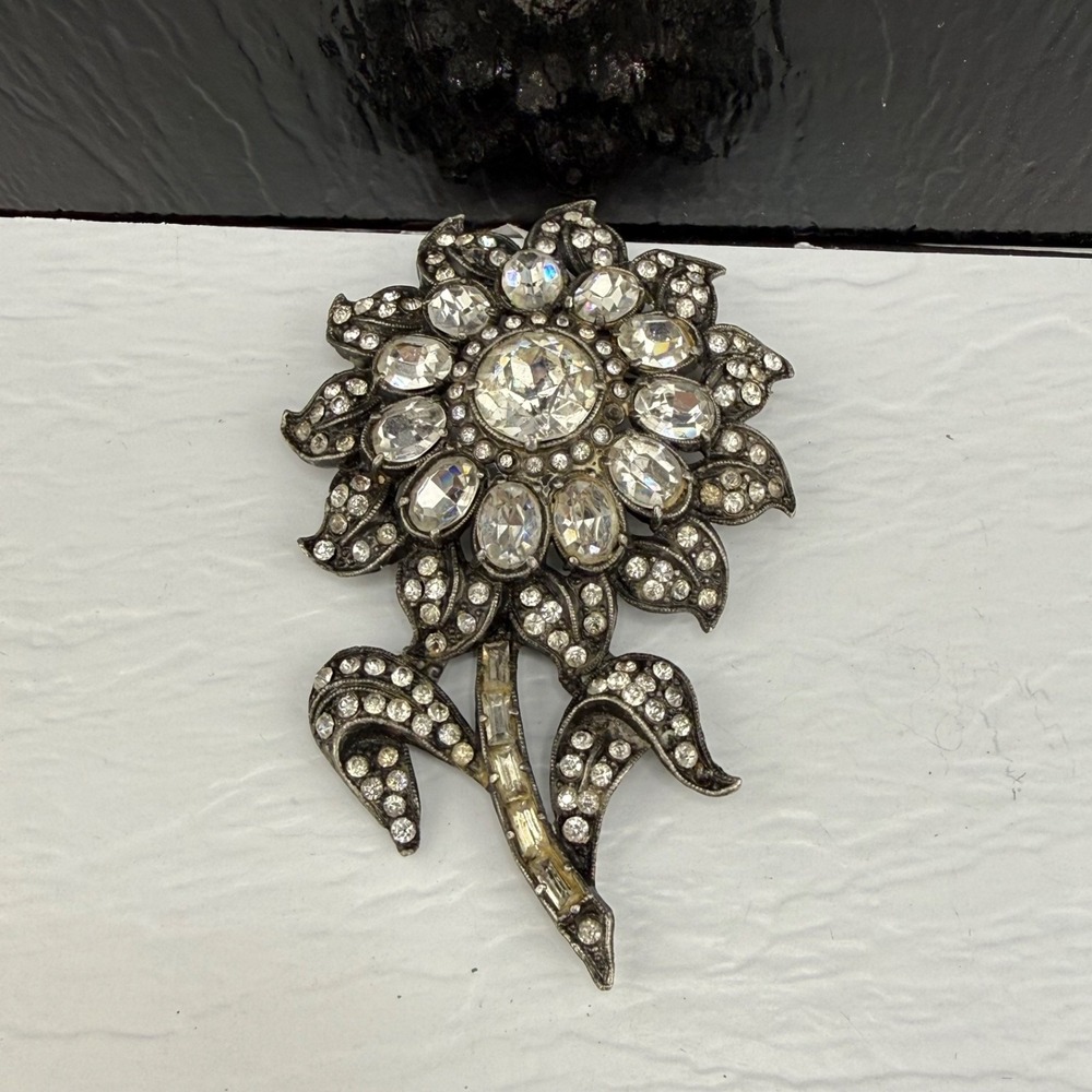 Vintage Rhinestone Flower Brooch Pot Metal Silver Tone Large Stunning Sparkle